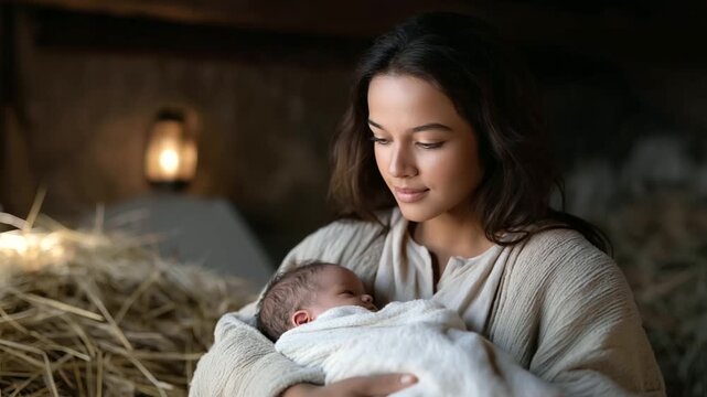 A mother her hands gentle cradles a newborn in a manger its wood rough and splintered. Straw scatters on the floor its stalks brittle. A woolen blanket wraps the child its