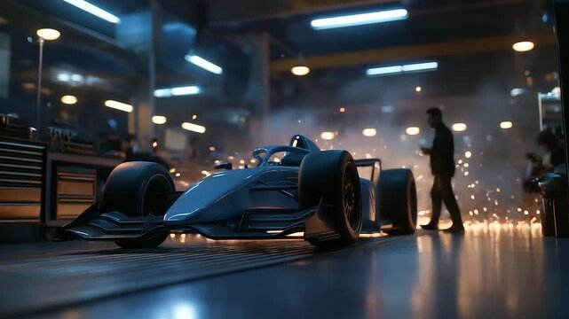 A pit crew repairs a suspension after a crash in a pit garage with wrenches turning damaged parts scattered a driver debriefing nearby and sparks flying from a welder captured