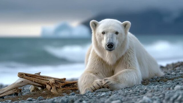 A polar bear its fur matted rests on an ice floe its paws curled. A fish skeleton its bones brittle lies nearby. A sea wave laps its surface frothing. A distant iceberg its