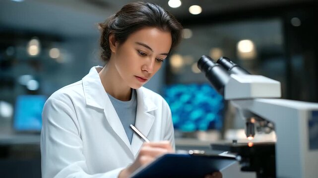 A researcher studies telomere maintenance in a cancer lab with microscopes focusing slides stained for telomerase screens showing cell images and a notebook logging results