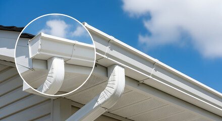 Detail of a Clean Rain Gutter System on a Residential House, Highlighting the Gutter Worker's Craft