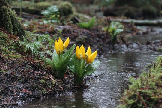 Yellow wildflowers in a woodland stream