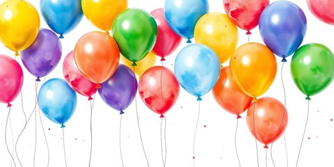 Watercolor painting of colorful balloons floating on white background,  floating,  air