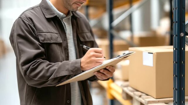 Inspecting packages in a snowy warehouse a worker examines a cardboard box its flaps torn with a plastic scanner its buttons scuffed. A paper checklist its edges creased dang