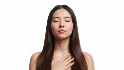 Naklejka premium A serene portrait of a woman embodying mindfulness. She emanates peace with eyes closed, hand gently resting on her chest, reflecting deep meditation and inner peace.