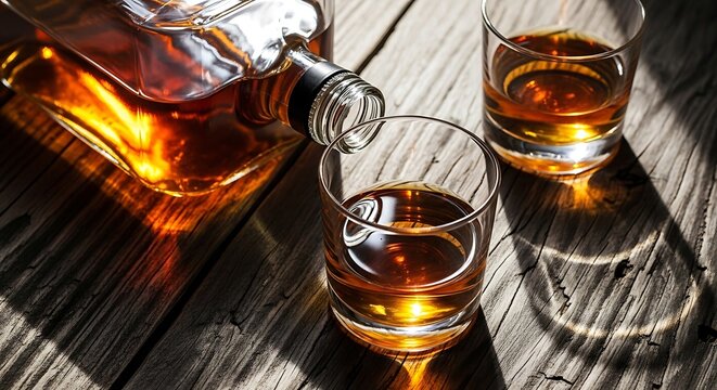 A bottle of amber whiskey is poured into two glasses on a rustic wooden table vacation background