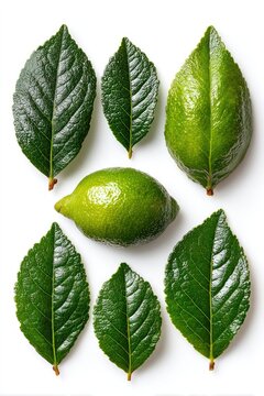 Fresh limes and leaves arranged on white background