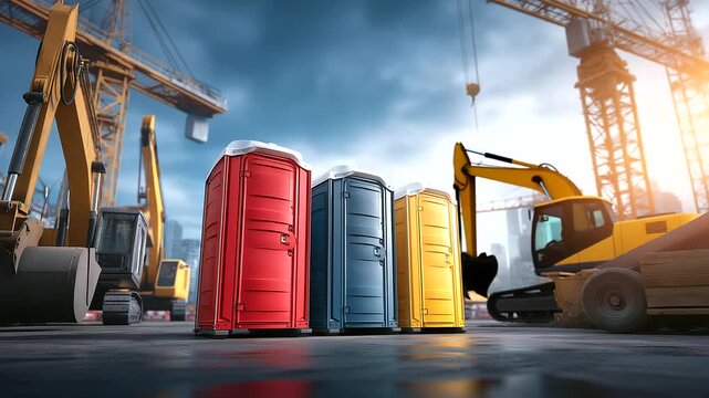 On busy industrial construction sites rugged portable toilets stand among heavy equipment and scaffolding symbolizing practicality workplace safety sanitation solutions and