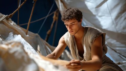 Sailmaker repairing torn sails in a small onboard workshop demonstrates craftsmanship resourcefulness textile repair skills and the ability to solve urgent problems to ensure