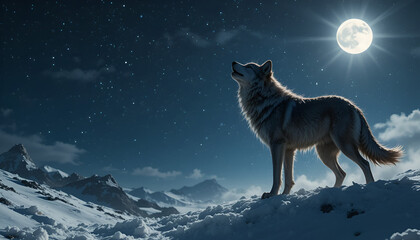 A lone wolf howls at the full moon on a snowy mountain peak