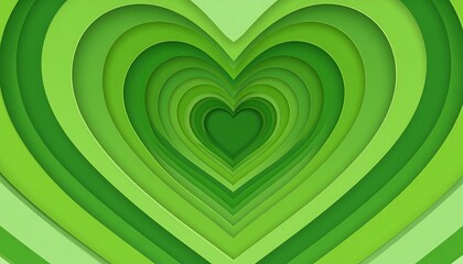 An abstract design displays a series of layered green hearts, decreasing in size, creating a tunnel-like effect. Shades of green vary