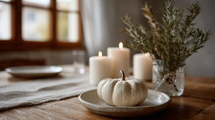 A white pumpkin sits serenely on rustic table, evoking Hygge coziness and All Hallows' Eve enchantment, surrounded by flickering candlelight