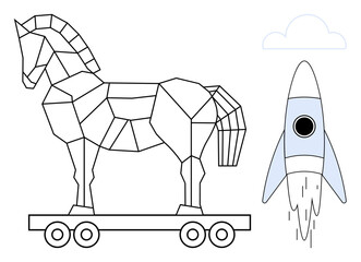 Geometric Trojan horse on wheels beside a launching rocket under a cloud. Ideal for innovation, strategy, cybersecurity, exploration, data, creativity, future trends. Simple flat metaphor