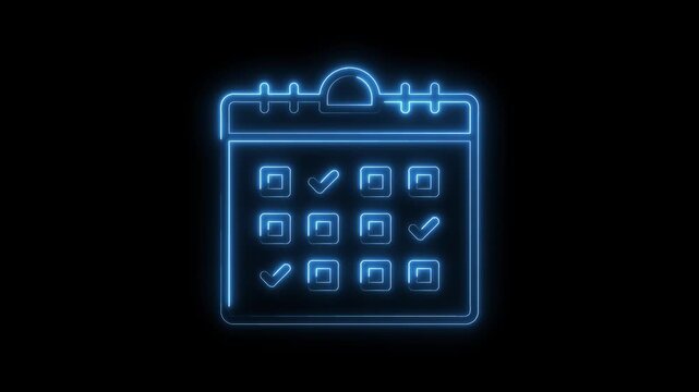 Glowing neon calendar with check marks representing schedule planning and event completion on black background