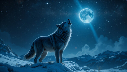 A lone wolf howling at the bright full moon in the dark night sky