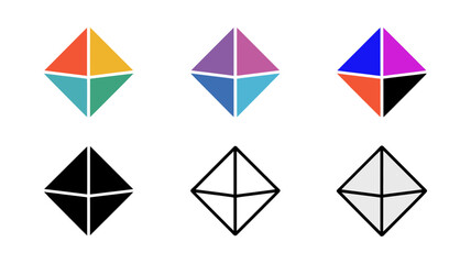Vector art of six geometric diamond shapes in various color combinations and styles