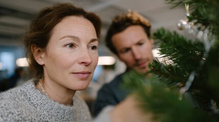 Fototapeta premium A Caucasian woman and man, immersed in whimsical ornament placement, echo Yuletide nostalgia and ephemeral winter storytelling