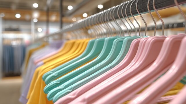 Colorful clothing hangs neatly on silver hangers inside a bright retail space - Powered by Adobe