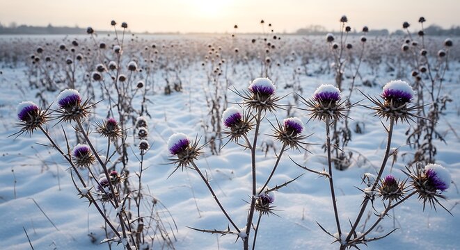 Snow-kissed Thistle Heads at Dawn: A Winter Landscape with Purple Accents and Frozen Fields - Powered by Adobe
