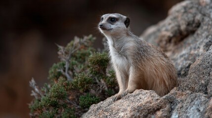 Serene meerkat poised on rugged rock amidst desert flora evokes quiet contemplation; ideal for World Habitat Day, Wildlife Appreciation