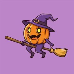 Laughing pumpkin witch with glowing eyes flying on a broomstick in a purple outfit.