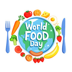 World Food Day cartoon Earth with fruits vegetables fork knife and text isolated on white background