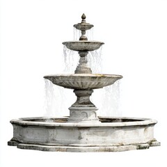 A classic tiered fountain with water cascading down into the basins. The fountain showcases intricate architecture and a timeless design