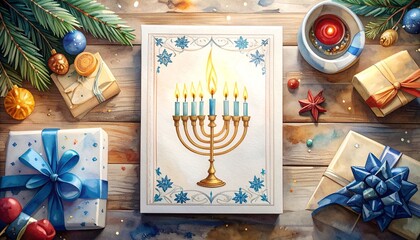 Hanukkah card with lit menorah and Star of David surrounded by gifts, dreidel, sufganiyah, and gelt in festive blue setting for editorial Jewish holiday photography cultural decor design and poetic ce