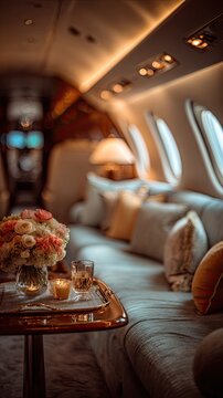 Luxurious private jet cabin with seating area and floral arrangement