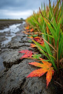 Autumn leaves on muddy field edge