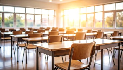 Bright Empty Classroom with Wooden Desks and Natural Light at Sunset Education concept.