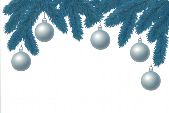 Blue spruce branches with silver christmas ornaments, creating a festive holiday border with transparent background - Powered by Adobe