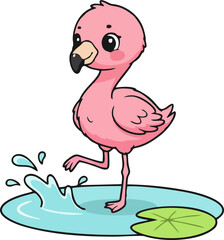 Playful Baby Flamingo Cartoon Vector – Cute Pink Chick Splashing in Pond with Water Lily