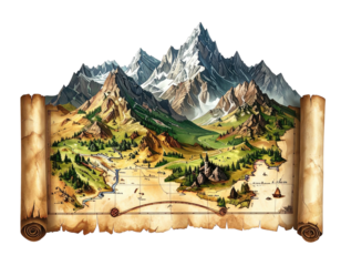 A vibrant fantasy map, landscape illustration featuring mountains, rivers, and trees