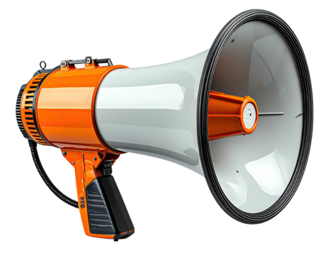 Bright orange and white megaphone, poised to project sound
