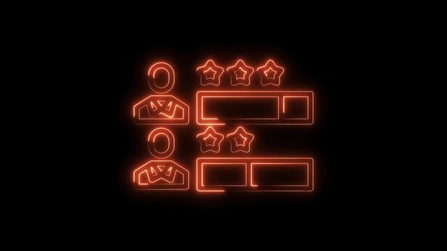 Glowing neon customer review animation on black background shows feedback and rankings