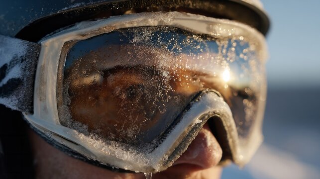 Icy goggles reflect wintry adventure, snow-kissed horizon, winter solstice celebration, adventurous spirit of Nordic traditions, frost-clad serenity