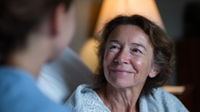 Smiling elderly woman of European descent in heartfelt conversation, evoking quirky stories for National Tell a Story Day