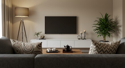 Cozy living room with a modern design, featuring a television, sofa, and decorative elements.