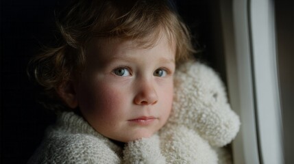Tender gaze out the window, cherub-faced child cradles fluffy confidant, evoking Solstice musings and Day of Light reflections