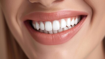 Obraz premium Close-up of a beaming smile with pearly white teeth, healthy glowing skin, subtle pink lips, expression of happiness and confidence 