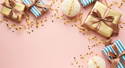 Overhead shot of wrapped gifts with ribbons, confetti, and decorative balls on a pink surface.