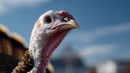 A contemplative turkey gazes skyward, embodying Thanksgiving reflections and quirky traditions of National Poultry Day celebrations