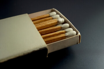 Wooden matches white heads in box with side striking strip