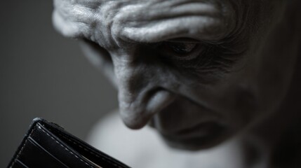 Eerie whisper of solitude, gaunt figure contemplates old wallet, embodying Samhain's dusk and frugal November rituals