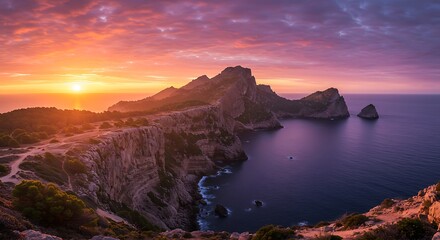 Spectacular Sunrise Over Rugged Cliffs and Calm Ocean Waters at Cap de Formentor