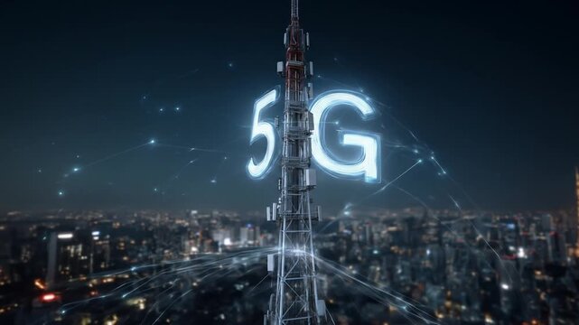 5 g technology tower communicating over a cityscape at night digital network