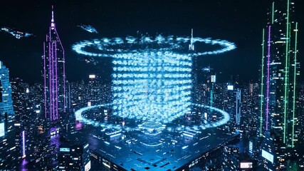 Dynamic Futuristic Metropolis Neon Skyscrapers Flying Vehicles and a Pulsating Digital Globe at Night. - Powered by Adobe