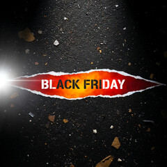 Black Friday sale ad, ripped paper reveal, bright spotlight effect