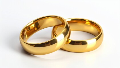 Gold wedding bands with polished finish and overlapping placement on white background for editorial romantic photography marriage symbolism design and poetic unity-themed visuals